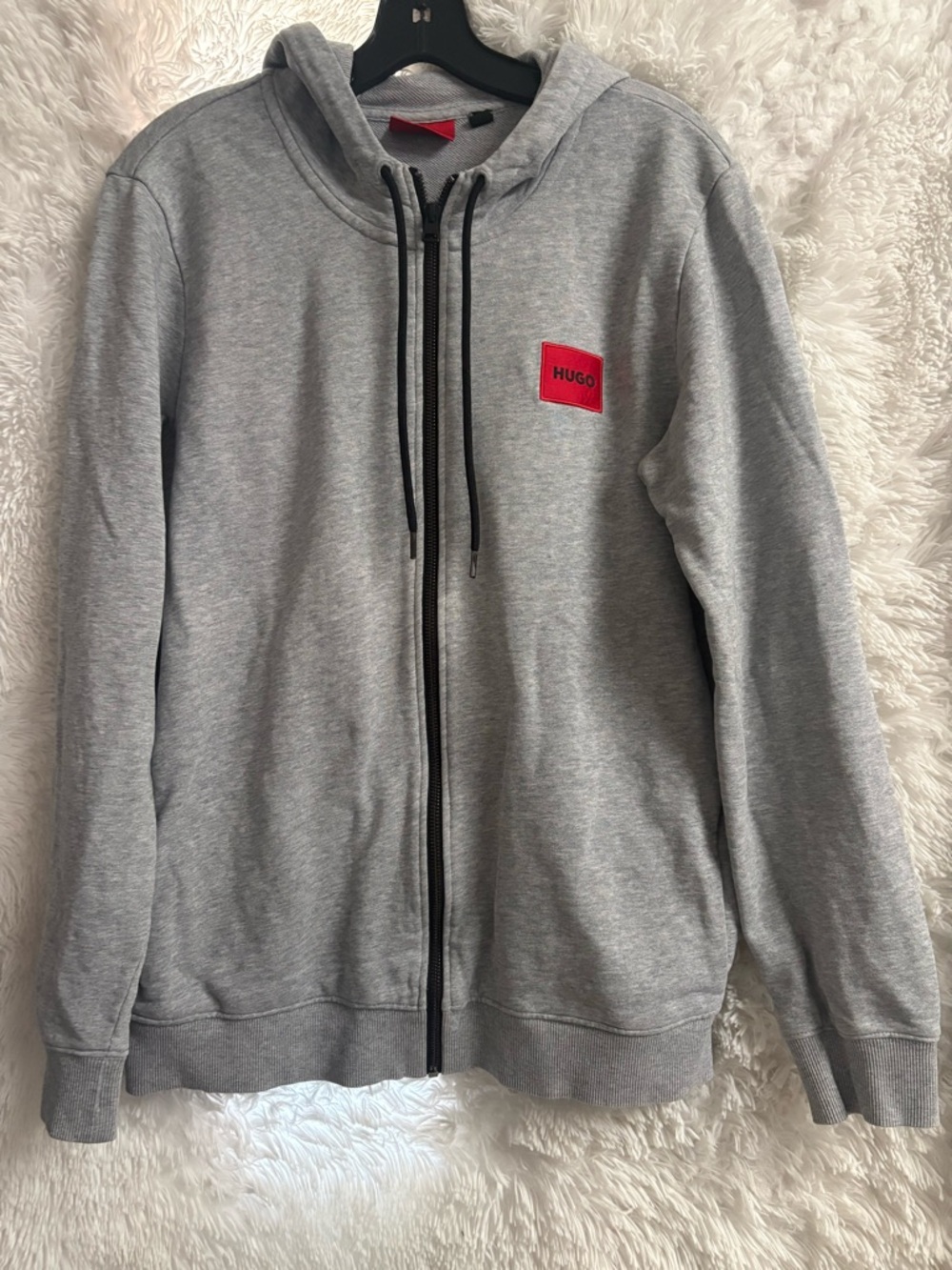 HUGO Men's Gray Zip-Up Hoodie with Red Logo